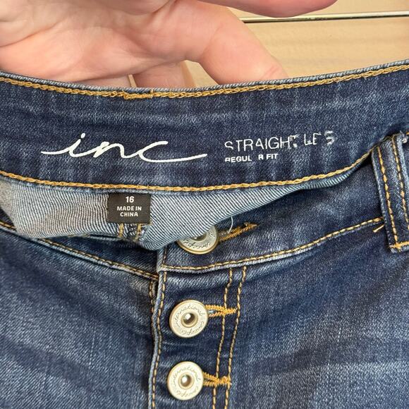 INC Cropped Jeans 16 Blue Denim Button Fly Straight Leg Regular Fit Fringe Hem - Picture 8 of 9